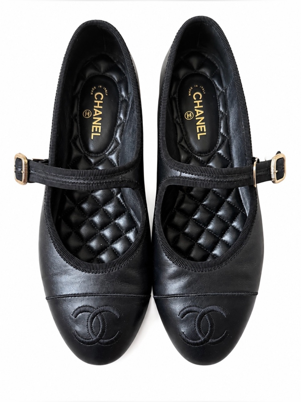 CHANEL Black Quilted Mary Jane Flats with Gold Buckle